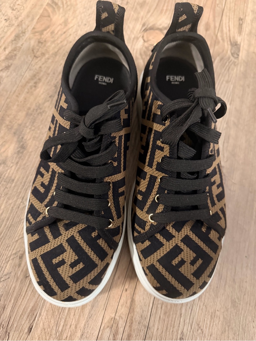 Fendi FF Logo Knit Sneakers | Brown & Black Designer Low Top Shoes | Fendi Roma - Picture 6 of 9